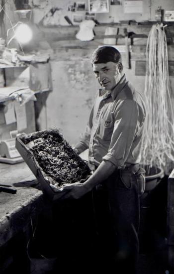 Fred Peaslee holds a cardboard box of bloodworms that’s ready for shipping. Hanging on the wall behind him is nylon twine that was wrapped around the box to keep its lid secure. PHIL DI VECE photo