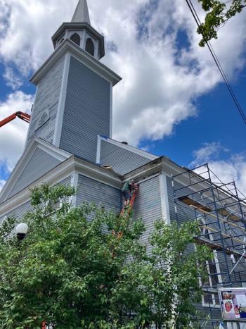 St. Philip’s Episcopal Church in Wiscasset will look its best for the 70th Strawberry Festival on June 29, thanks to an anonymous donor who hired Derek Usher of Usher’s Painting Services in Pittston to give the 202-year-old building a fresh coat of paint. “She’s a venerable old building, a meetinghouse that got an artful makeover around 1866 from Maine’s most distinguished architect at the time, Francis Fassett,” said Seaver Leslie, longtime congregant and architecture devotee. “The church community is extremely grateful for the donor’s dedication, and we are lucky to have Derek and his great crew, skilled with historic buildings, on the job.” Courtesy of St. Philip’s Episcopal Church