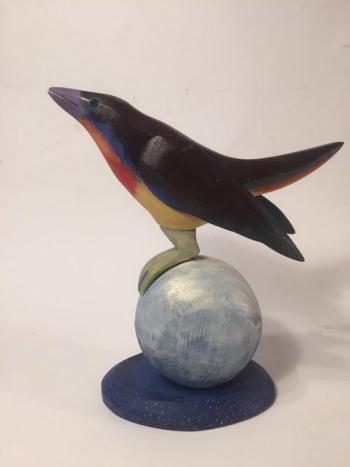 Dona Dalton’s “Bird on Full Moon” of carved and painted wood. Courtesy of Kerr+Jones Gallery Dona Dalton