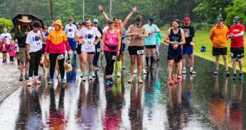 Runners line up in the rain for the 10 kilometer leg of the Edgecomb 250th Birthday Road Race on June 22. Staggered starts included a 10K, 5K, and kids’ run. Bisi Cameron Yee photo
