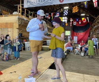 Jackie Branch, who modeled alongside her dog Sushi, wins Best Original Student Design. ISABELLE CURTIS/Boothbay Register