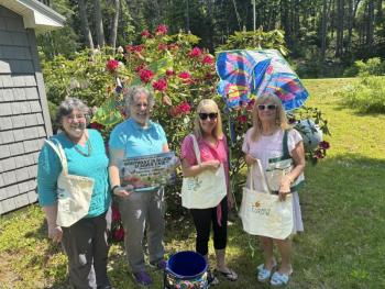 Boothbay Region Garden Club members, from left, Irene Fowle, Kevin Bowler, Ida Lancaster and Julie Krug are just about ready for the first of two major Club events. See you on the Common July 13! LISA KRISTOFF/Boothbay Register