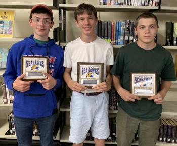 The Boothbay/Wiscasset track & field team held its banquet May 30. Senior Austin Trask, right, was named Most Valuable Player for a second time. Sophomore Ross Gaffney received Most Improved. Freshman AJ Crocker received the Coaches’ Award. BILL PEARSON/Boothbay Register