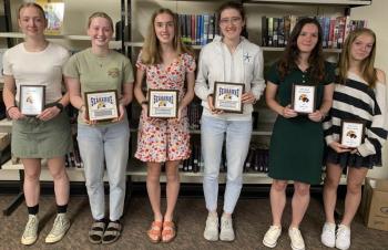 The Boothbay/Wiscasset track and field team held its team awards May 30 at Wiscasset Middle High School. Team awards went to, from left, Maddie Orchard, Competitor; Emily Gilliam, Coaches’, Karen Higgins, MVP; Julia Truesdell, Most Improved; Rose Campbell, Hammer; and Olivia Rittall, Rookie of the Year. BILL PEARSON/Boothbay Register
