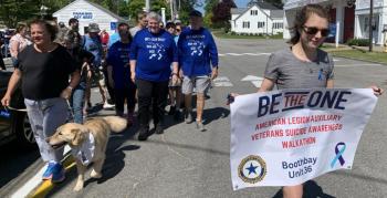 Fifty marchers walk from the Boothbay Harbor fire station to Barrett’s Park and back to support Veterans Suicide Prevention programs June 1. BILL PEARSON/Boothbay Register