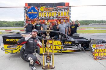 Brett Meservey and team celebrating together in Victory Lane. Jasen Dickey Photography
