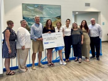 Pictured from left are: Samantha Footer, Bangor Savings Bank Boothbay Relationship Manager; Julie Shepard, Bangor Savings Bank Wealth Management; Andy Hamblett, Boothbay Region YMCA CEO; Tracy Warlick, Boothbay Branch Manager; Gena Canning, Bangor Savings Bank Board Chair; Mariah Lussier, Bangor Savings Bank payroll; Allyson Goodwin, Boothbay Region YMCA’s Director of Development; Brynne Whitney, Damariscotta Manager, and Kelly Winslow, Mid Coast Regional Manager for Bangor Savings Bank. Courtesy photo