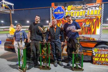Street Stock 100 top 3, from left: Jr. Official Alea Smith, Nick Morton, Bubba Pelton and Noah Haggett Jasen Dickey Photography