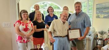 Dr. Barclay Shepard with town officials after receiving the Boston Post Cane as Boothbay Harbor’s oldest resident. Courtesy of Larry Brown Happy recipient of Boothbay Harbor’s Boston Post Cane is Dr. Barclay Shepard. Courtesy of Richard Shepard