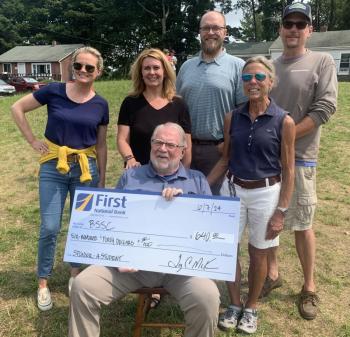 The First National Bank presented Boothbay Sea and Science Center with a $640 check sponsoring a student on the summer Schooner Tyrone expedition. Pictured: front row, Jack French, board member. Second row: from left, First National bank employees Alyssa Allen and Nikki Kimball and BSASC co-founder Pauline Dion. Back row, from left FNB brank manager Adam Climo and BSASC co-founder Eric Graves. BILL PEARSON/Boothbay Register