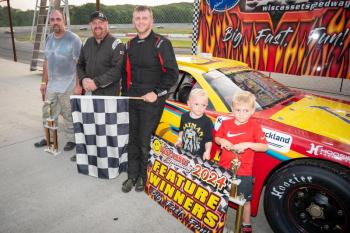 Late Model top 3, from left: Chris Burgess, Shane Clark, Will Collins, Landyn and Larson Collins. Courtesy of David Montgomery/Mainemmonty Media