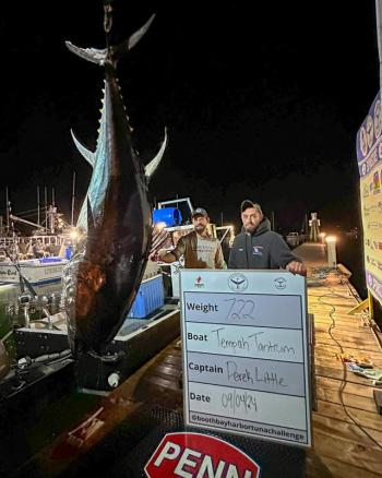 The crew of Tempah Tantrum who won third place with their 722-pound tuna. They also won the overall weight category, catching 1,756 pounds of fish. Courtesy of Boothbay Harbor Tuna Challenge