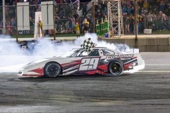Austin Teras does a burnout on the frontstretch after winning the $15,000 to win Boss Hogg 150. Jasen Dickey Photography