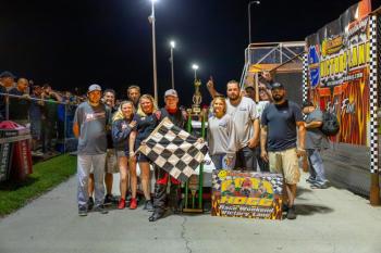 Austin Teras and his team celebrate together in Victory Lane after picking up the Boss Hogg 150 victory. Jasen Dickey Photography