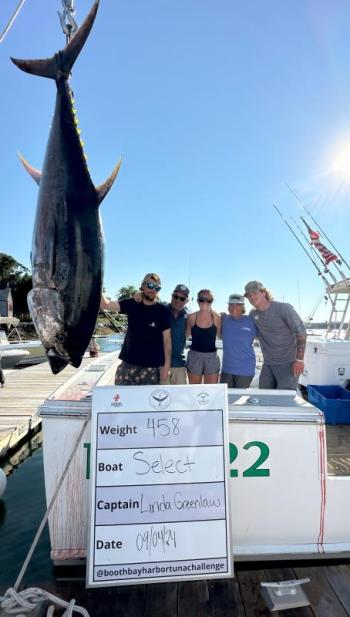 Maine fishing celebrity Linda Greenlaw, second from right, was the first female captain in the Boothbay Harbor Tuna Challenge. Courtesy of Boothbay Harbor Tuna Challenge
