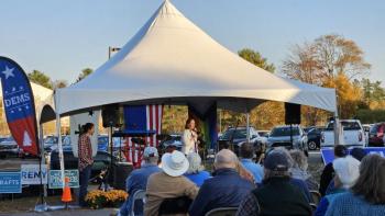 More than 200 voters attending the Rally for Democracy listen to remarks by Maine Secretary of State Shenna Bellows on Oct. 19 in Damariscotta. Courtesy of LCDC Good crowd