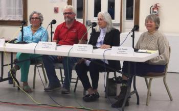 From left: Senate District 24 candidates Suzanne Andresen, I-West Bath; Jeffrey Pierce, R-Dresden; Denise Tepler, D-Topsham; and House District 53 candidate Judith "Judy" Tunkle, D-Dresden; smile as audience members applaud at the end of a forum at Pownalborough Hall in Dresden the evening of Monday, Sept. 30. Piper Pavelich photo Candidate forum