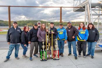 Dan Mckeage Jr. and team celebrate after Dan was named the Driver of the Year at Wiscasset Speedway. Jasen Dickey Photography Dan Mckeage Jr. and team