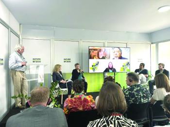 The delegation from the Seal River Watershed from Manitoba, Canada, speaking at an official Blue Zone event at COP16 in Cali, Colombia. One of the authors, Jeff Wells, introduced the panel. Photo courtesy of Kohl Barrault COP16 event
