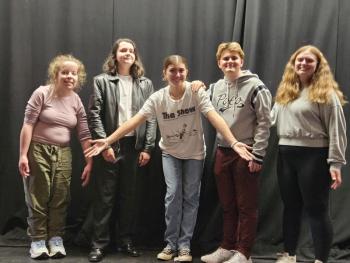 Broadway Cabaret cast members, from left:  Chloe Joneth, Jayden Coloumbe, Natalie Flagg, Spencer Pottle, and Adaline Barter.  Missing from the photo are Sarah Harris, Hannah Hills and Sophia Mansfield. Courtesy of Dr. Mary Miller