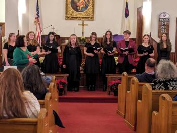 Seahawk Singers perform the Winter Chorus Concert. From left Dr. Mary Miller (foreground) Hannah Hills, Adaline Barter, Cali Brown, Chloe Joneth, Allison Smart, Rose Campbell, Spencer Pottle, Sophia Mansfield and Sarah Harris. CANDI JONETH/Boothbay Register CANDI JONETH/Boothbay Register