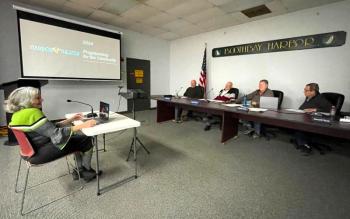 Lynn Thompson gives a presentation on the Harbor Theater to the Boothbay Harbor Selectmen Nov. 25. FRITZ FREUDENBERER/Boothbay Register