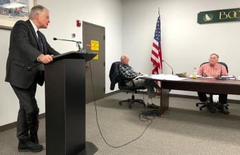 Boothbay Harbor Waterfront Preservation attorney Anthony Muri speaks to the planning board Dec. 11. FRITZ FREUDENBERGER/Boothbay Register
