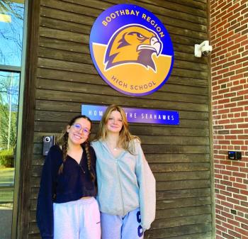 Sarah Harris, left, junior class president, and vice president Eleanor Marshall, discuss the increased pressures of graduation fundraising. ISABELLE CURTIS/Boothbay Register