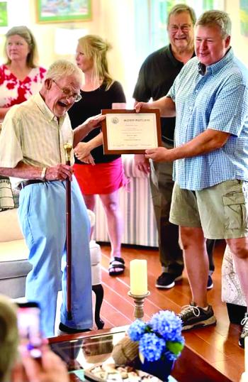 Happy recipient of Boothbay Harbor’s Boston Post Cane is Dr. Barclay Shepard. Courtesy of Richard Shepard
