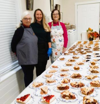 From left, Karen Grindall, Vicki Carter and Sandra Siefert at the sweetest spot in the hall. JANE CARPENTER/Boothbay Register Pie table