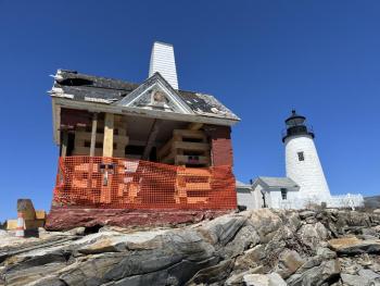 Storm damage to the fog bell building at Pemaquid Point Lighthouse in Bristol. Courtesy of Bob Trapani Jr. and World Monument Fund