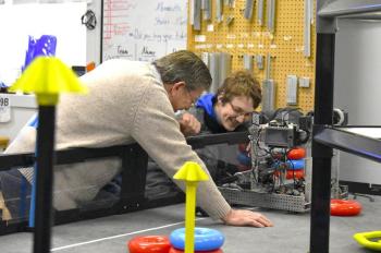 All circuits are firing as BHRS robotics students prepare for their regional competition. (pictured) Ed Tech Stephen Gottlieb with Thomas Babineau of Team Rocket.  ISABELLE CURTIS/Boothbay Register