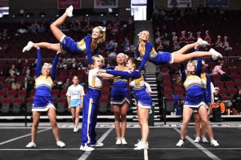 Olivia Rittall and Izzy Andreason (top, from left). Maddie Andreason, Titan Lewis, Brianna Campbell, Gabby Crowell, and Maya Jacobs (base, from left). Not pictured Sarah Harris, Bailey Lewis, Skyla Carrier, Abigail Babineau, Ariyah Green. Courtesy of Michele Barter. 