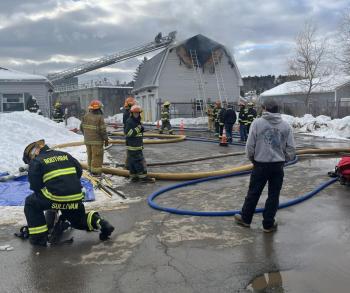 Firefighters from local departments fight the fire at the Boothbay Harbor Sewer District plant on Monday afternoon, Feb. 10. The cause of the fire is to be determined. Mark Sullivan photo Garage fire