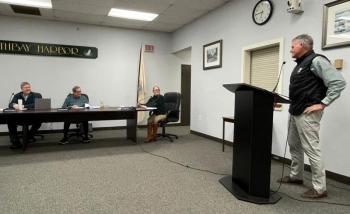 Boothbay Region YMCA CEO Andy Hamblett speaks to the Boothbay Harbor Board of Selectmen Feb. 10. FRITZ FREUDENBERGER/Boothbay Register