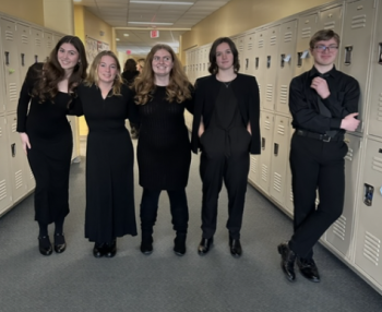BRHS students, from L: Adaline Barter, Rose Campbell, Natalie Flagg, Hannah Hills, and Owen Cox were chosen to sing in the 2025 District III Honors Music Festival in Topsham. Courtesy of Dr. Mary Miller