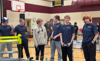 Liam Jacobs, Tyson French, Jayden Orne, Mason Paquette, Jackson Zehm and Kora McKenney are all smiles before their quarterfinals match at the VEX qualifier in Monmouth on Saturday, Feb. 8. Courtesy of Kristen Hanley Liam Jacobs, Tyson French, Jayden Orne, Mason Paquette, Jackson Zehm and Kora McKenney are all smiles before their quarterfinals match at the VEX qualifier in Monmouth on Saturday, Feb. 8. Courtesy of Kristen Hanley