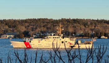 Coast Guard cutter anchored in Boothbay Harbor in November 2024. Photo by Jess Babcock