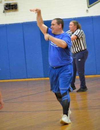 Ed Crocker shows off after making the technical foul free throws. KEVIN BURNHAM/Boothbay Register