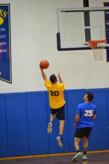 Bruce Orne with a running hook shot. KEVIN BURNHAM/Boothbay Register