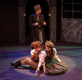 Natalie Friel and Sydney Kurr, in the roles of Orpheus and Euridice, with story narrator Taylin Lowe in "Sonnets to Orpheus" at the Poe Theater. Jenny Mayher photo Natalie Friel and Sydney Kurr, in the roles of Orpheus and Euridice, with story narrator Taylin Lowe in "Sonnets to Orpheus" at the Poe Theater. Jenny Mayher photo