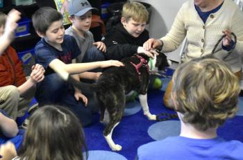 Archie the Puppy from Midcoast Humane Animal Shelter steals the show with BRES 3rd graders. ISABELLE CURTIS/Boothbay Register