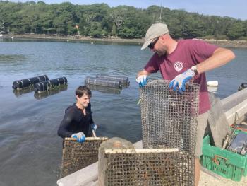 Research Scientist Robin Sleith helps out during a tour with Maine Oyster Company, a leading aquaculture business in the state that also opened their dock to the Maine-eDNA team for sampling. Credit: Sydney Greenlee