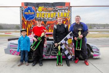 4 Cylinder Pro Victory Lane, from left: Jr. Official Karson Gervais, Jackson Moreside, Chassidy Shorty and Taylor Lane. Jasen Dickey Photography 4 Cylinder Pro Victory Lane, from left: Jr. Official Karson Gervais, Jackson Moreside, Chassidy Shorty and Taylor Lane. Jasen Dickey Photography