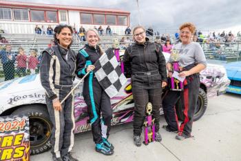Fall Fury: The Ladies Acceleration Tour made their first trip to Wiscasset Speedway in 2024. From left: Series founder Betty Nelson, Breanna Tucci, Chloe Kiley and Kasie Kolbe. Jasen Dickey Photography Fall Fury: The Ladies Acceleration Tour made their first trip to Wiscasset Speedway in 2024. From left: Series founder Betty Nelson, Breanna Tucci, Chloe Kiley and Kasie Kolbe. Jasen Dickey Photography