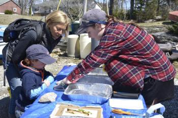 Jackie Branch, right, leads a seaweed pressing activity. FRITZ FREUDENBERGER/Boothbay Register
