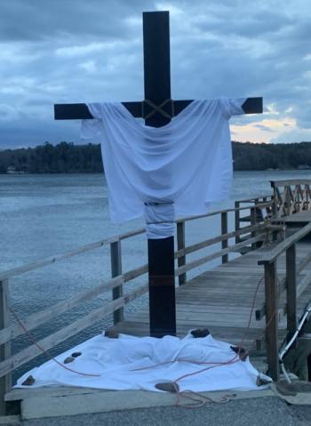 A robe on the cross was present at the Sunrise Easter service in Bayville. During Easter, a robe draped over a cross represents the resurrection of Jesus Christ and joy of Christian believers. BILL PEARSON/Boothbay Register cross