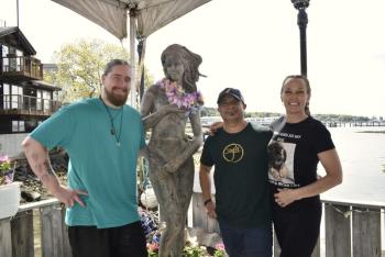 Working out the details for the Friday the 13th filming at Brady's are, from left: Chef John Asendorf, Venus/Aphrodite, bartender José Rivera and server Billie Jo Bobb will be ready for the America's Best Restaurants crew to arrive. LISA KRISTOFF/Boothbay Register
