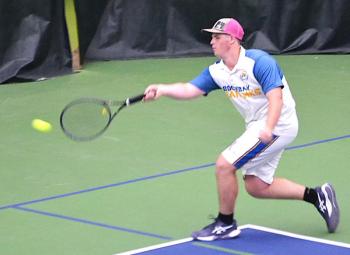 Boothbay junior Griffin Yereance tracks down the ball during his second singles match, which he won, 10-6, against Winthrop. KEVIN BURNHAM/Boothbay Register