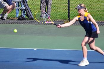 Maddie Andreasen, second doubles player with Ivory Cody, in action against Spruce Mountain May 14. KEVIN BURNHAM/Boothbay Register